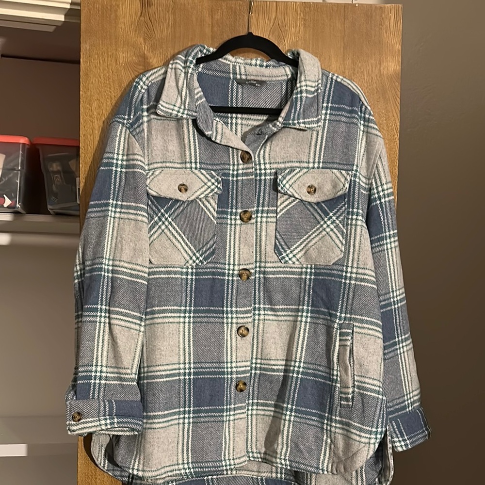Blue and Gray Plaid Button-Up Shirt Jacket